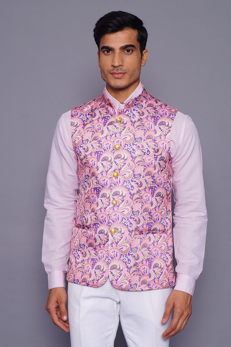 Imported Rayon Printed Pink Modi Nehru Jacket