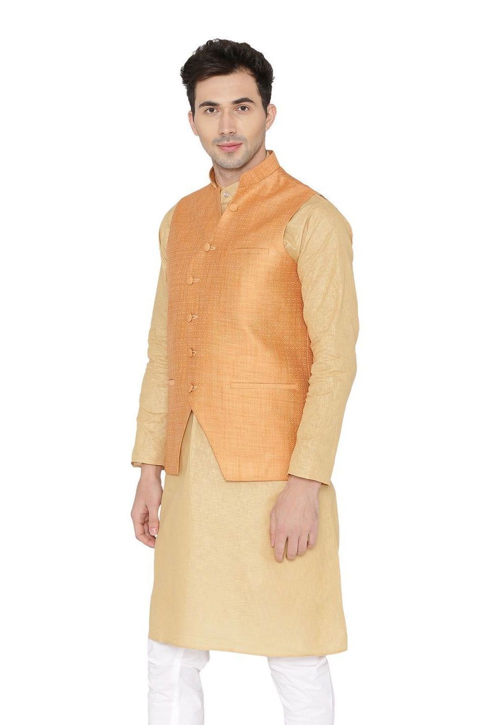 Banarasi Rayon Cotton Orange Nehru Jacket