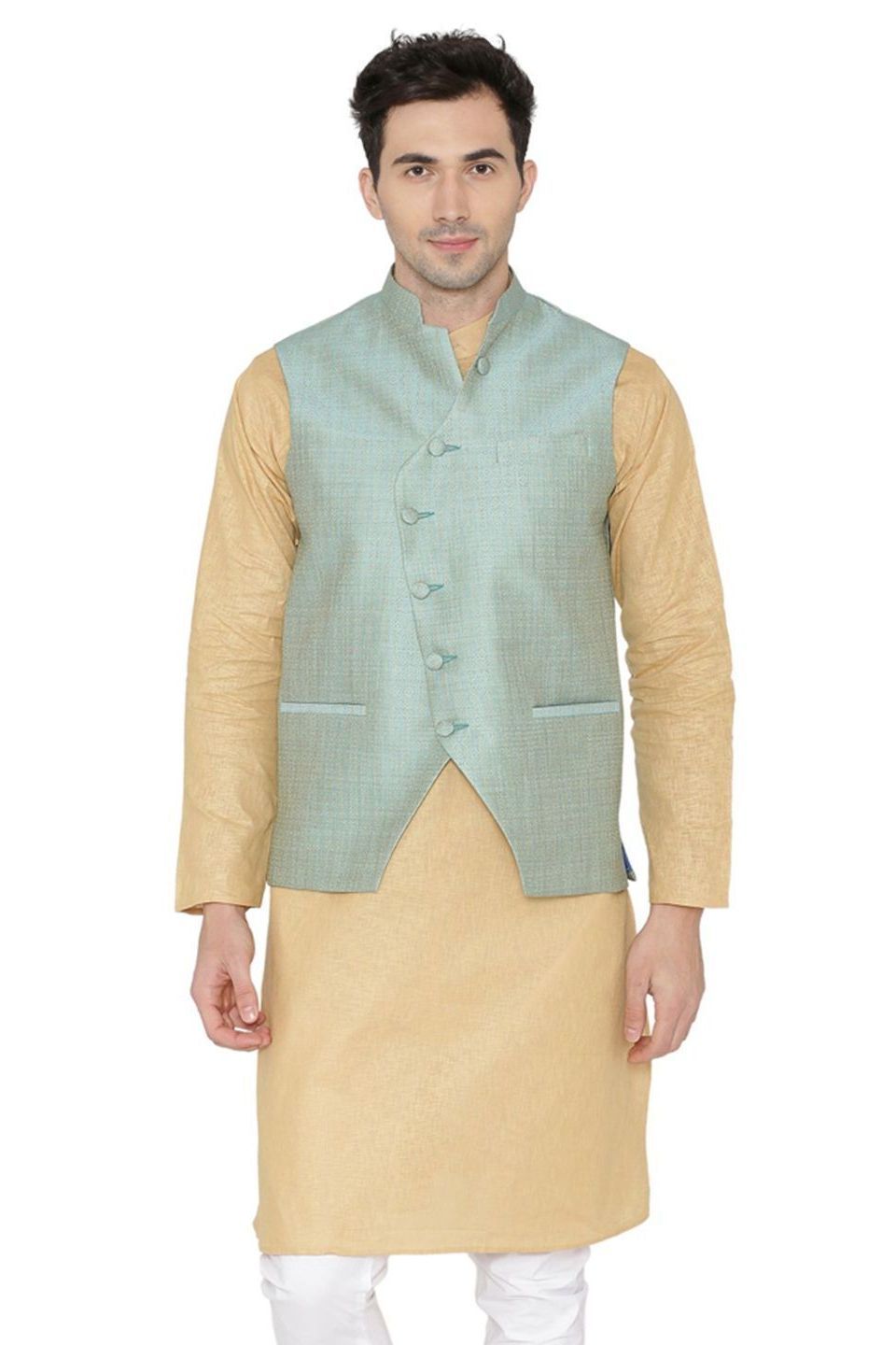 Banarasi Rayon Cotton Blue Nehru Jacket