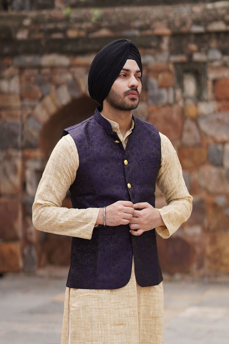 Banarasi Rayon Cotton Black Modi Nehru Jacket