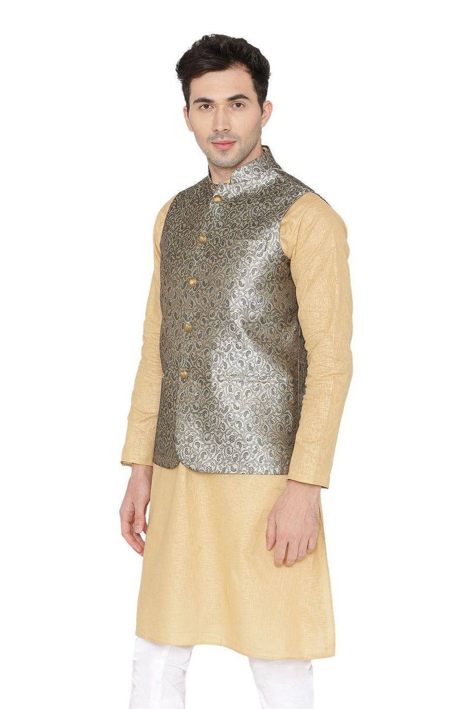 Banarasi Rayon Cotton Gray Nehru Jacket
