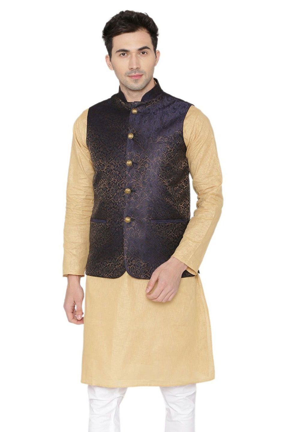 Banarasi Rayon Cotton Black Nehru Jacket