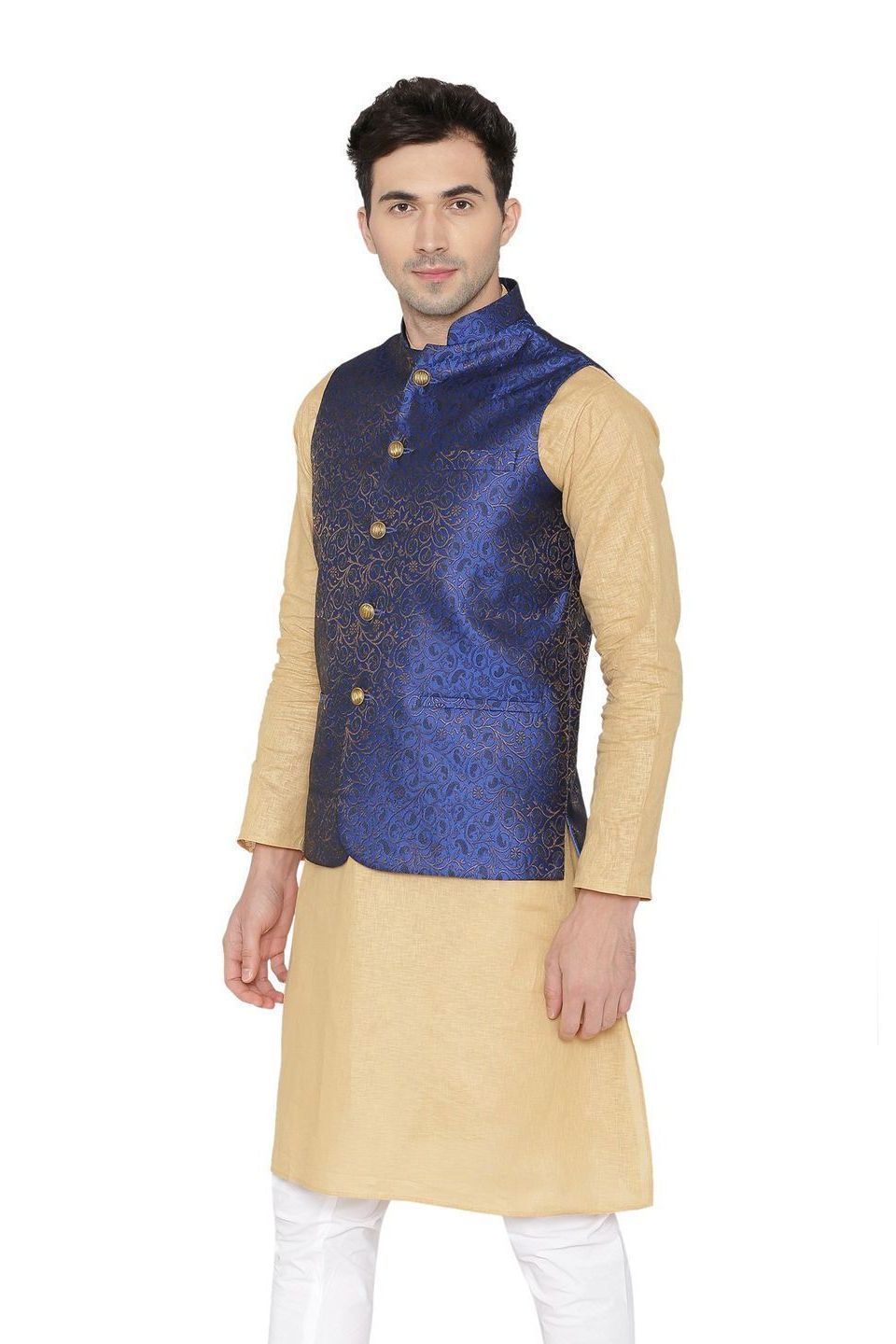 Banarasi Rayon Cotton Blue Nehru Jacket