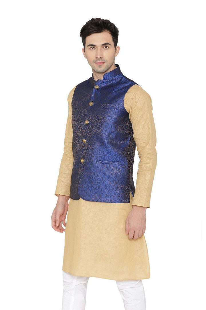 Banarasi Rayon Cotton Blue Nehru Jacket