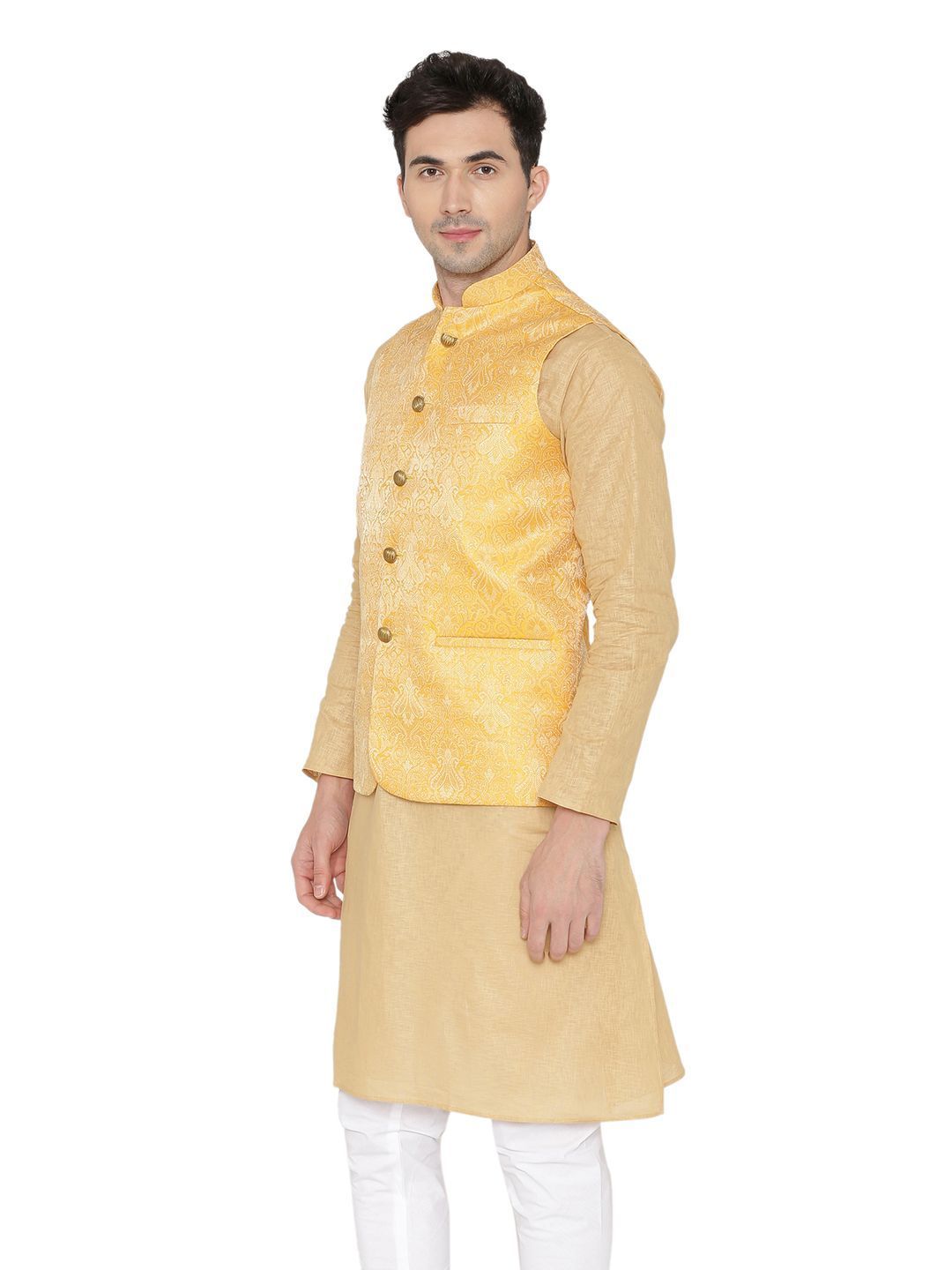 Banarasi Rayon Cotton Yellow Nehru Jacket