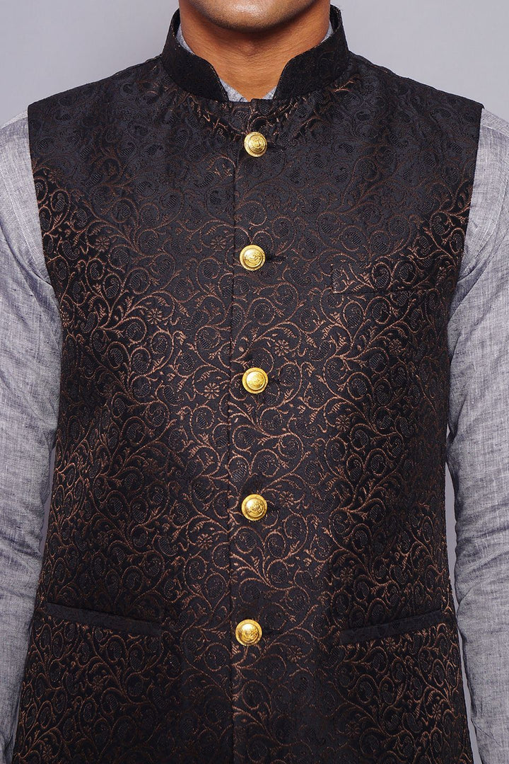 Banarasi Rayon Cotton Black Modi Nehru Jacket