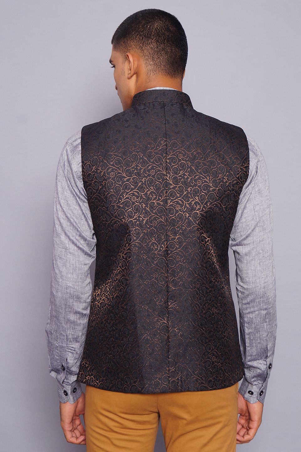 Banarasi Rayon Cotton Black Modi Nehru Jacket