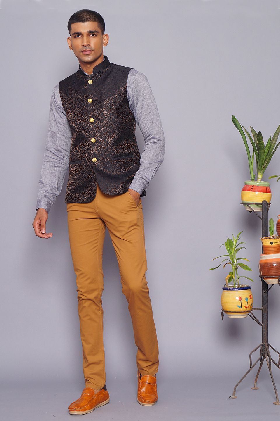 Banarasi Rayon Cotton Black Modi Nehru Jacket