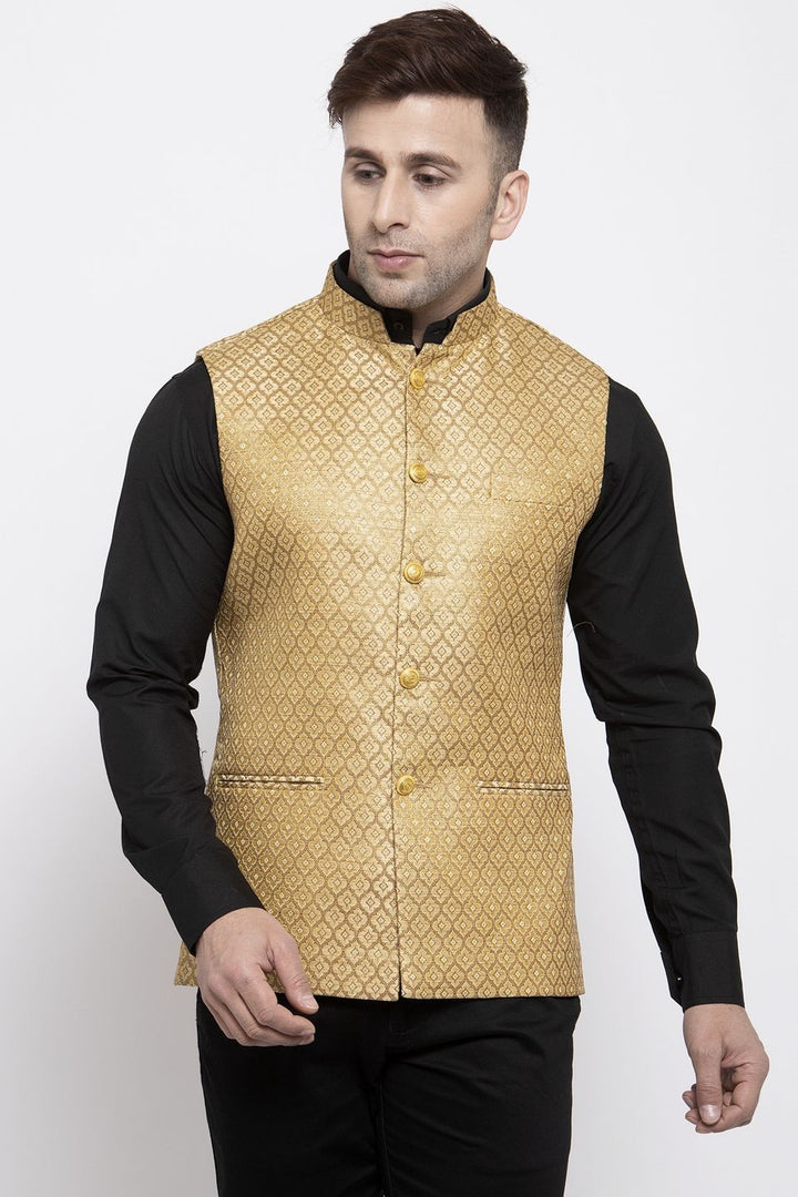 WINTAGE Men's Banarsi Rayon Cotton Bandhgala Festive Nehru Modi Jacket Waistcoat : Gold