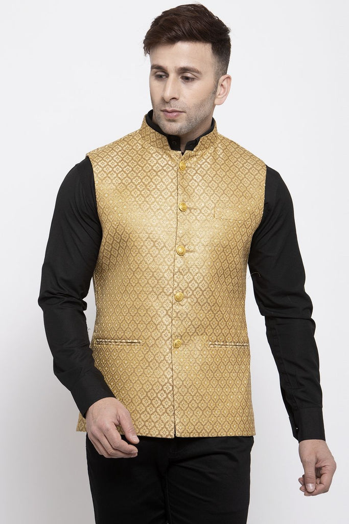 WINTAGE Men s Banarsi Rayon Cotton Bandhgala Festive Nehru Modi Jacket Waistcoat Gold WINTAGE USA