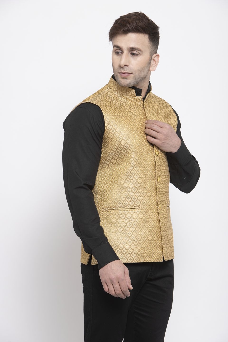 WINTAGE Men's Banarsi Rayon Cotton Bandhgala Festive Nehru Modi Jacket Waistcoat : Gold