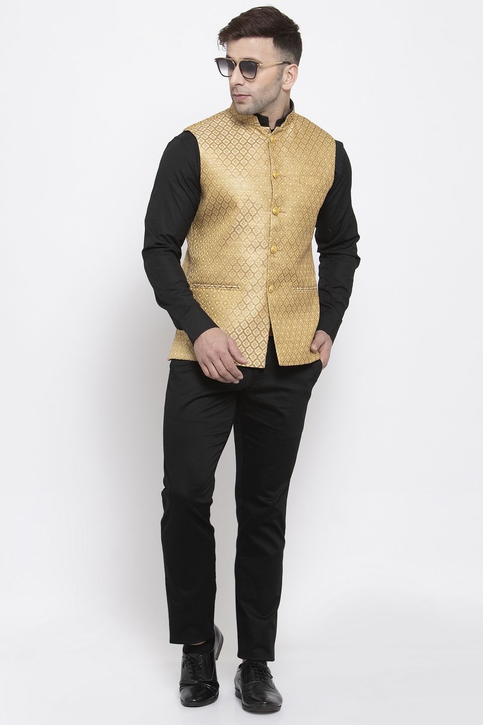 WINTAGE Men's Banarsi Rayon Cotton Bandhgala Festive Nehru Modi Jacket Waistcoat : Gold