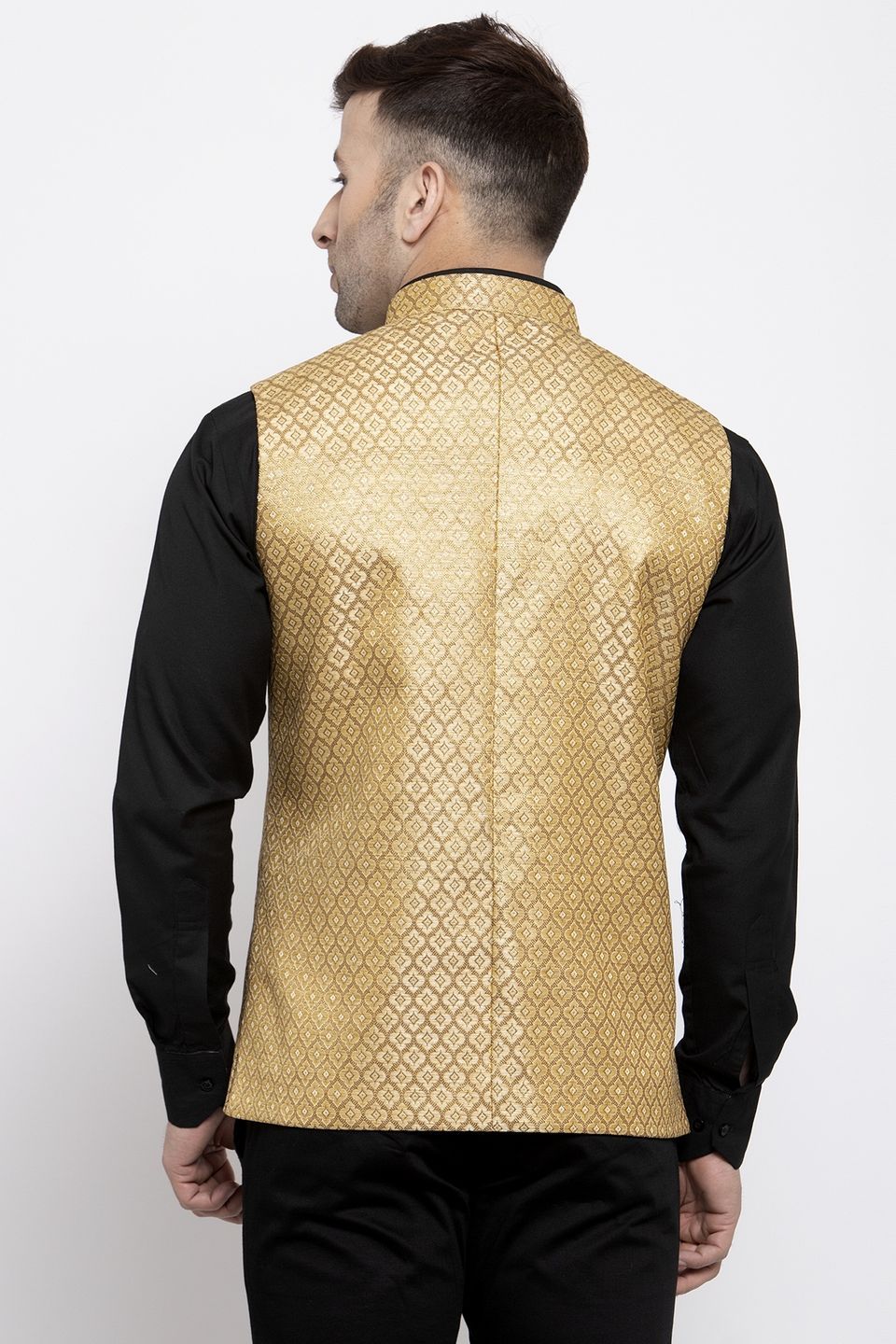 WINTAGE Men's Banarsi Rayon Cotton Bandhgala Festive Nehru Modi Jacket Waistcoat : Gold