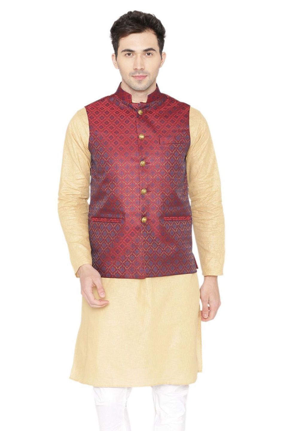 Banarasi Rayon Cotton Red Nehru Jacket
