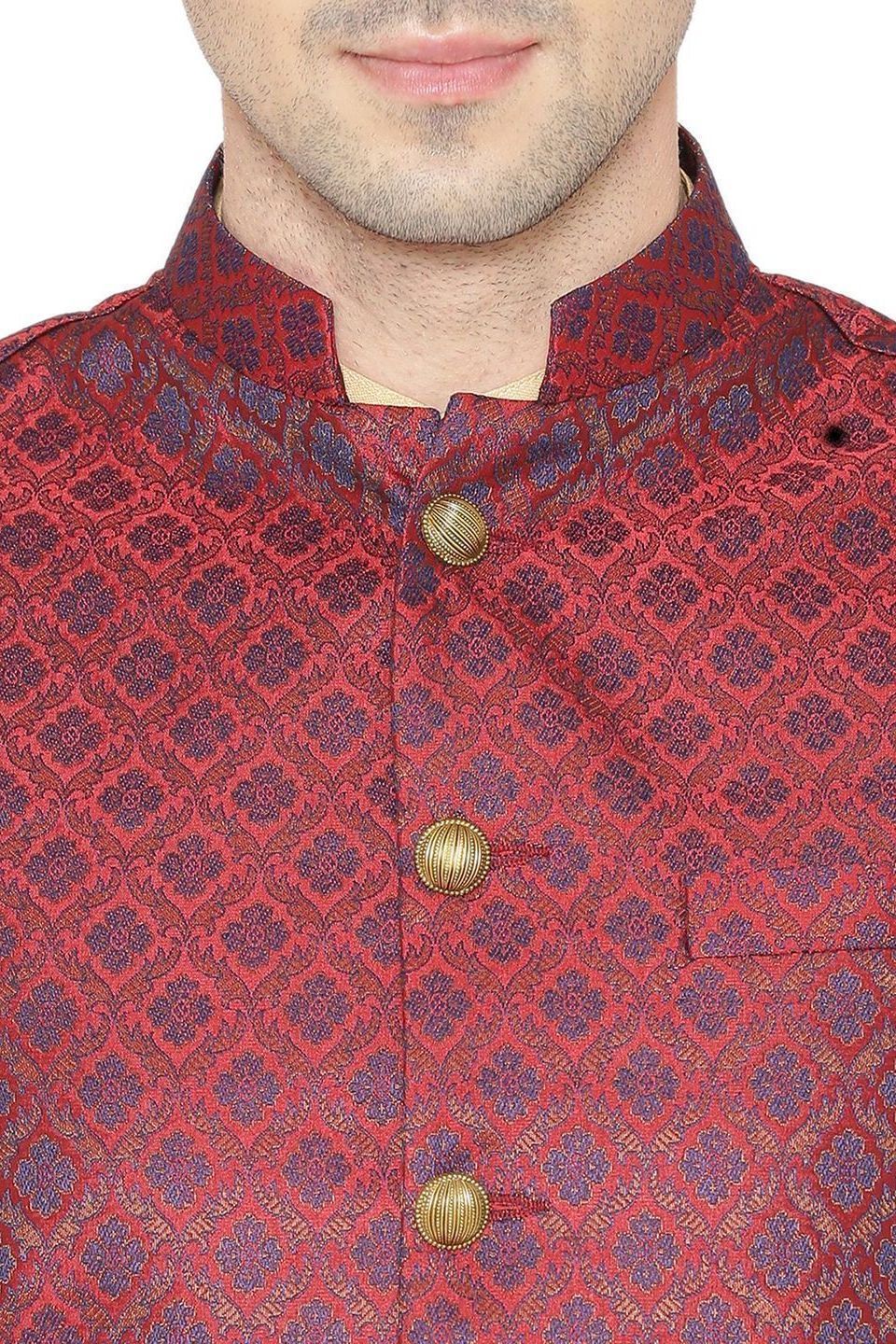 Banarasi Rayon Cotton Red Nehru Jacket