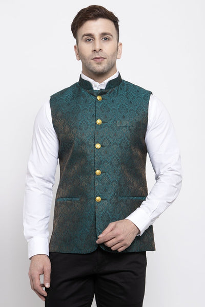 WINTAGE Men's Banarsi Rayon Cotton Bandhgala Festive Nehru Modi Jacket Waistcoat : Green