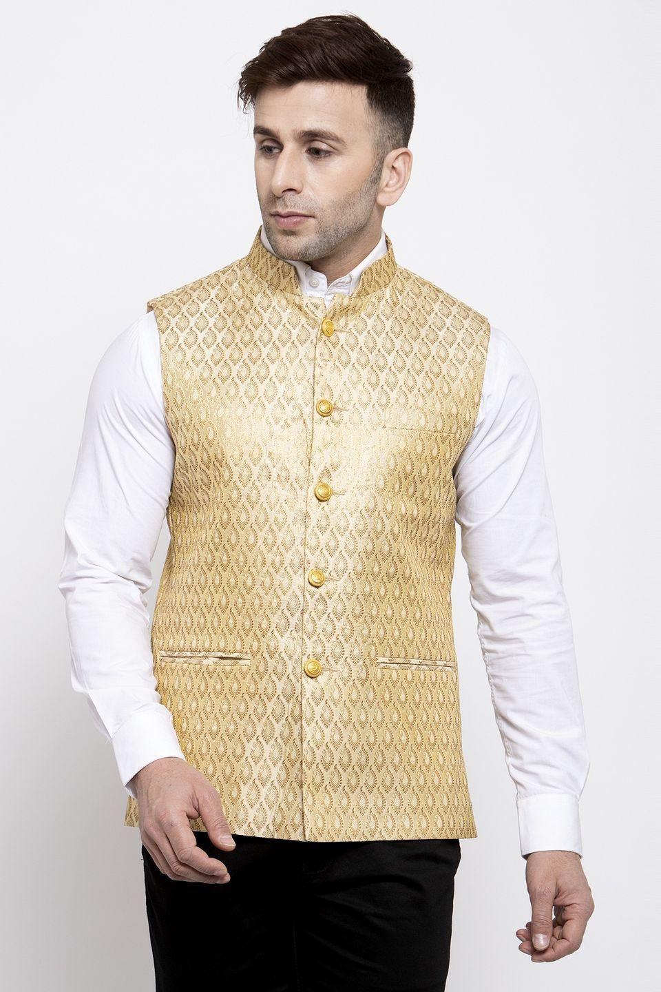 WINTAGE Men's Banarsi Rayon Cotton Bandhgala Festive Nehru Modi Jacket Waistcoat : Beige