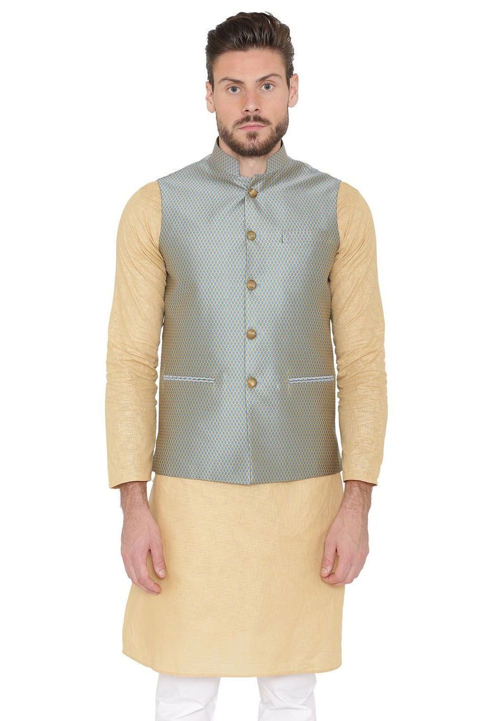 Banarasi Rayon Cotton Blue Nehru Jacket