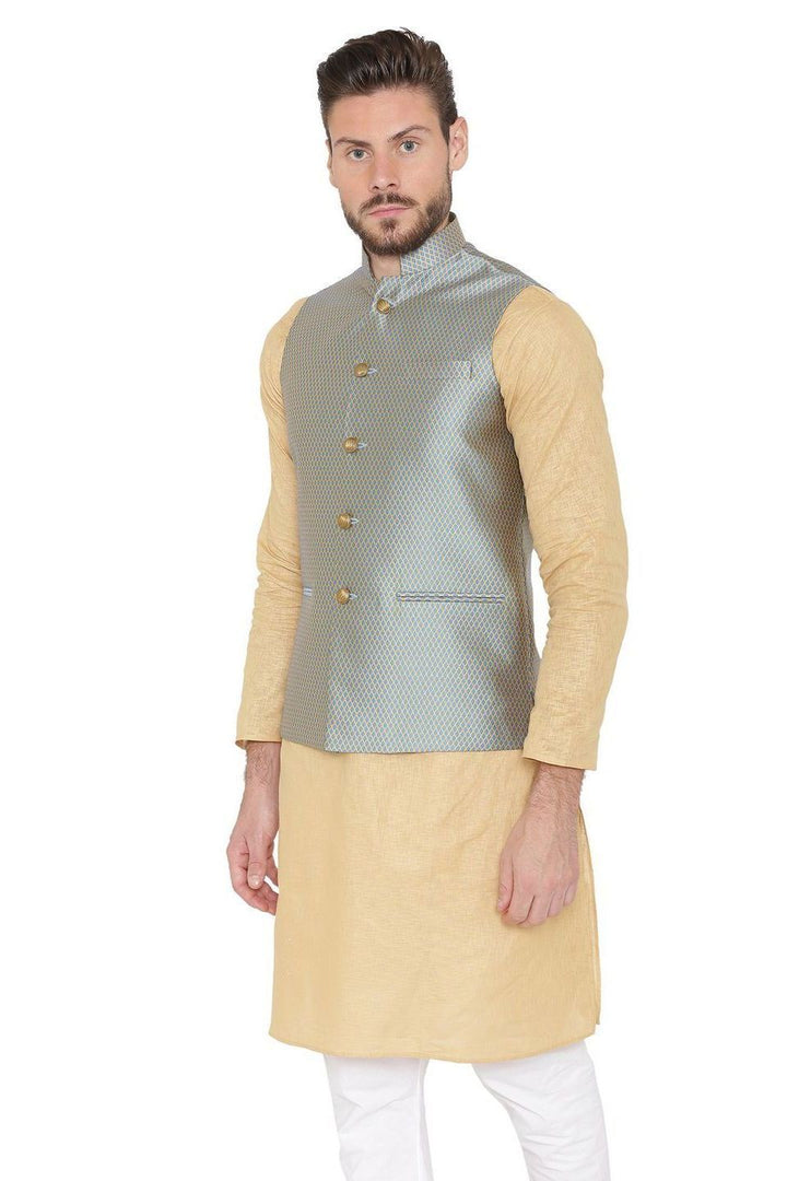 Banarasi Rayon Cotton Blue Nehru Jacket