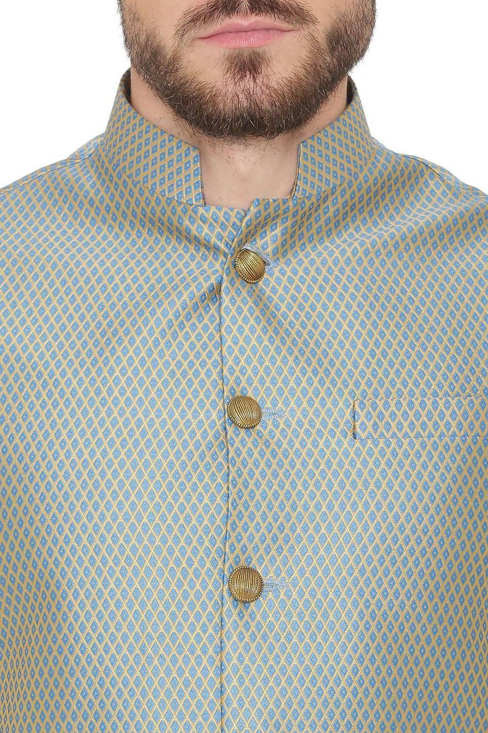 Banarasi Rayon Cotton Blue Nehru Jacket