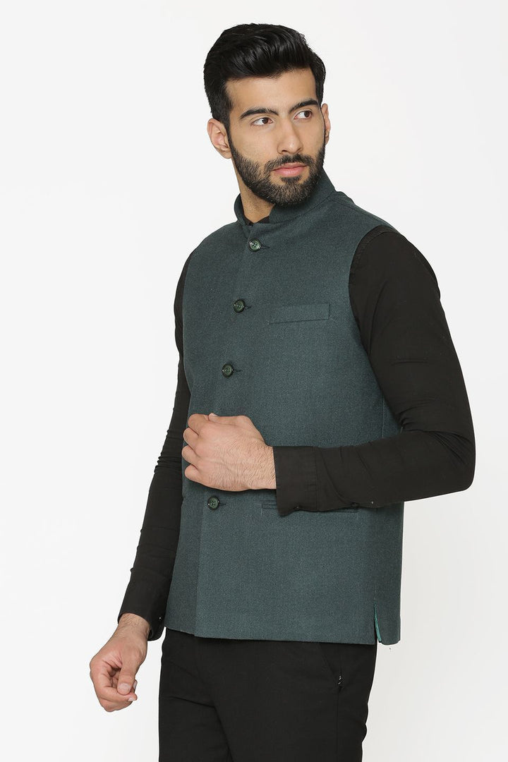 Tweed Wool Green Nehru Jacket