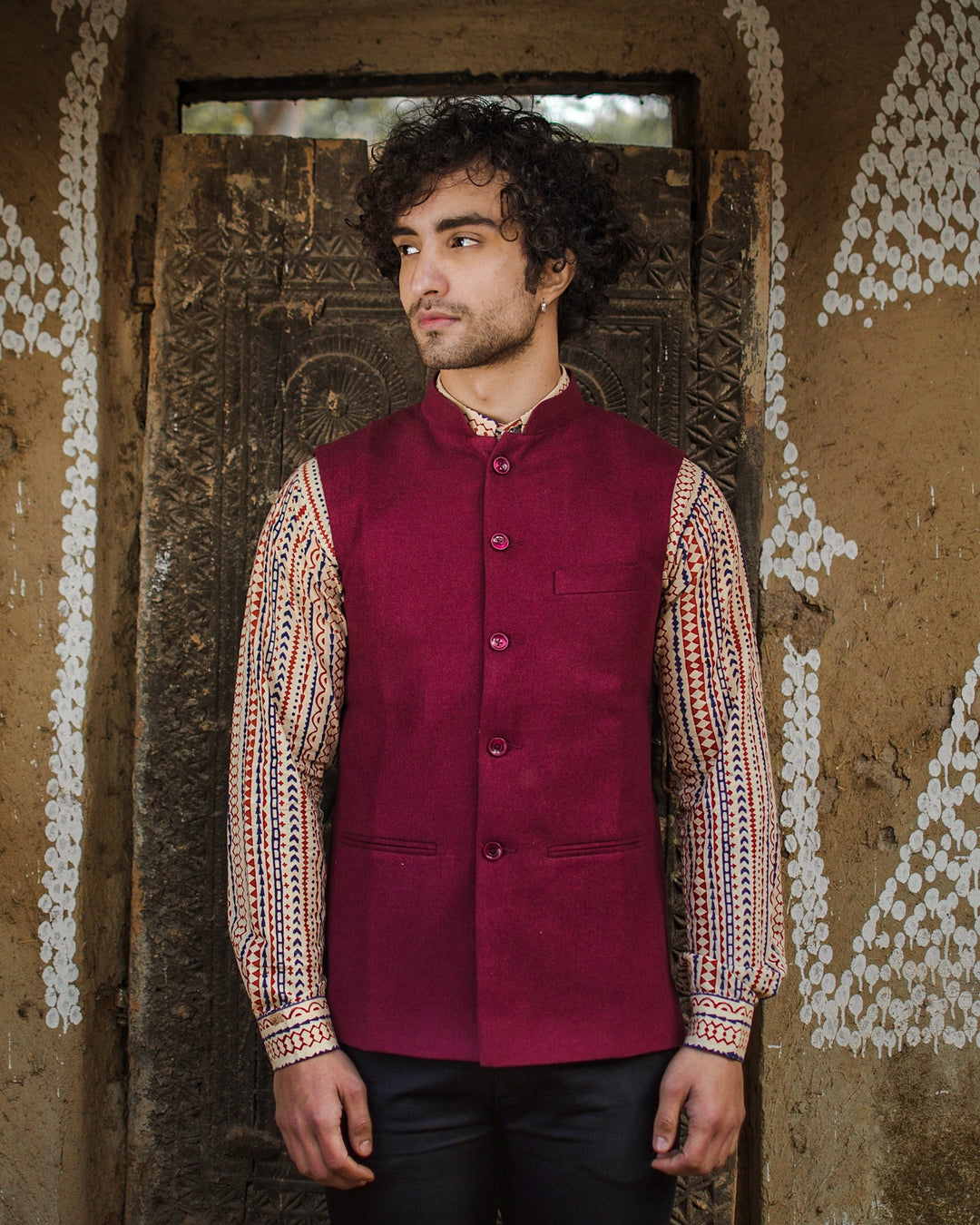 Tweed Wool Red Modi Nehru Jacket