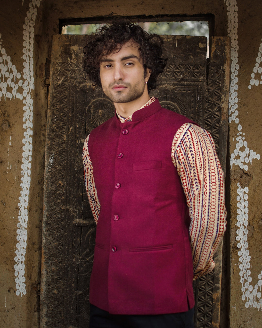 Tweed Wool Red Modi Nehru Jacket