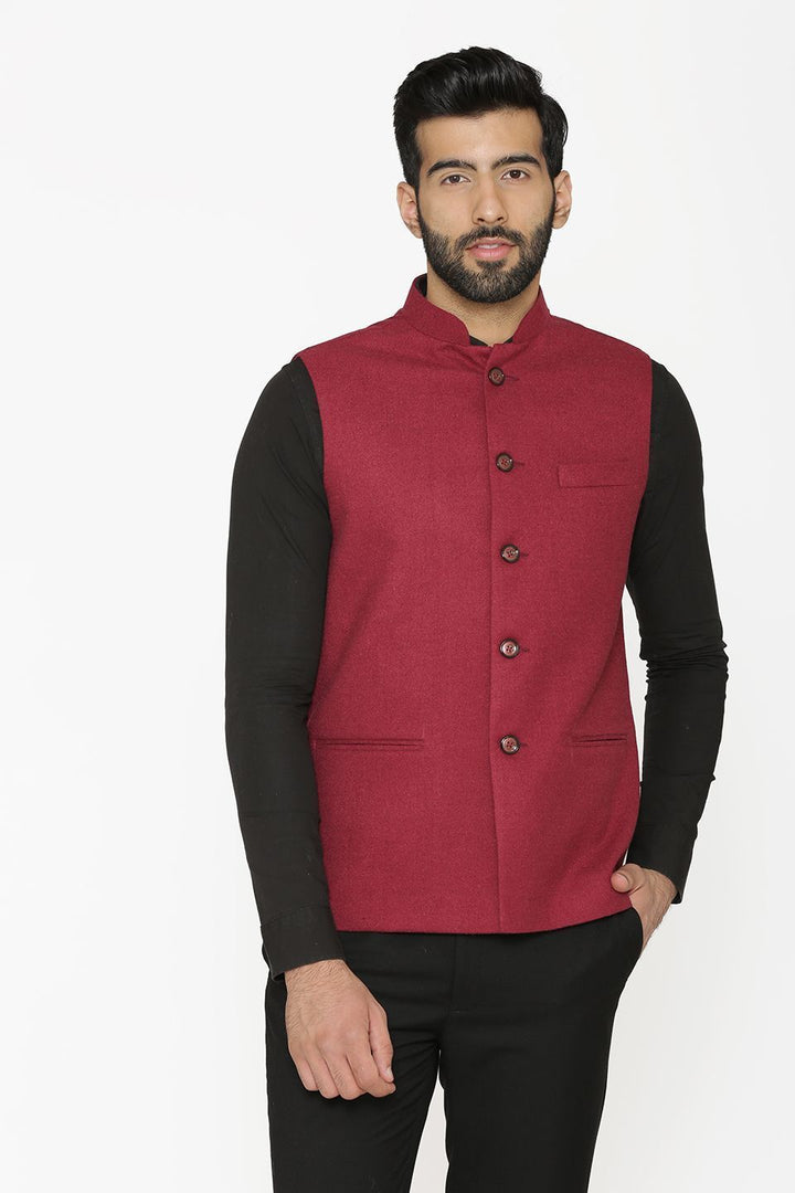 Tweed Wool Red Nehru Jacket