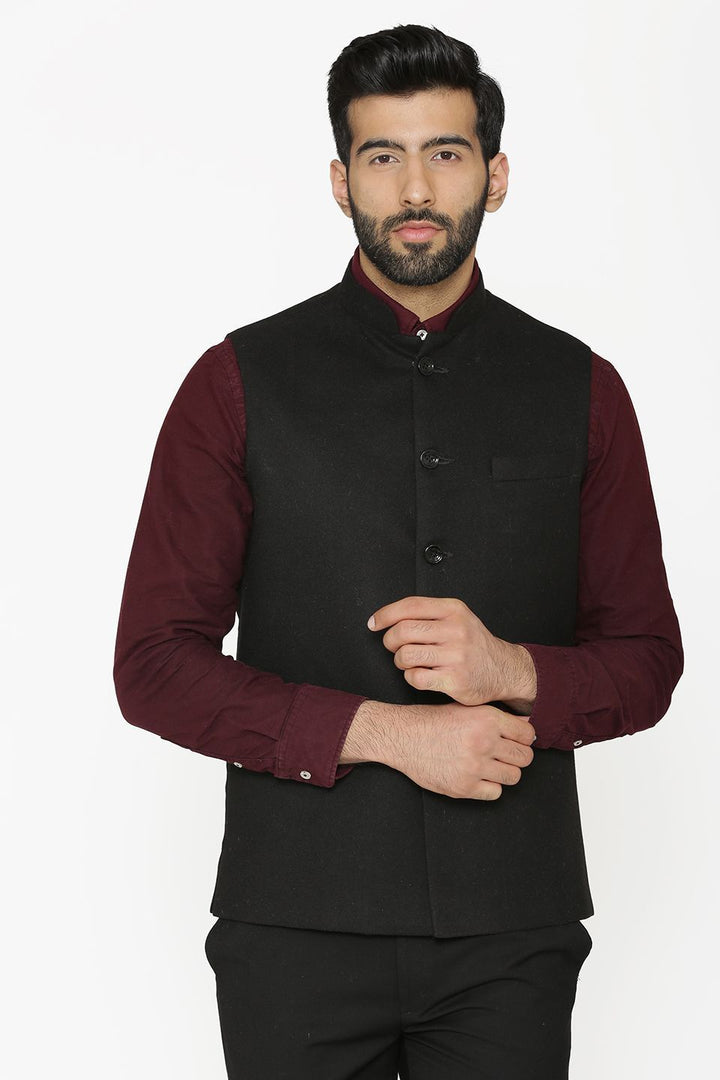 Tweed Wool Black Nehru Jacket