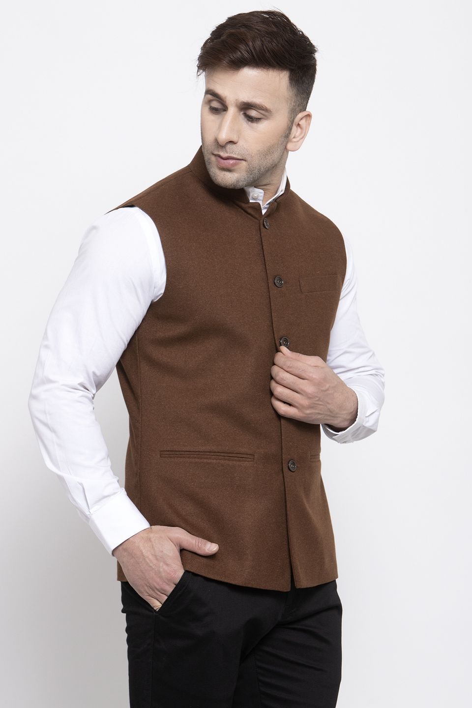 WINTAGE Men's Tweed Wool Festive and Casual Nehru Jacket Vest Waistcoat : Brown