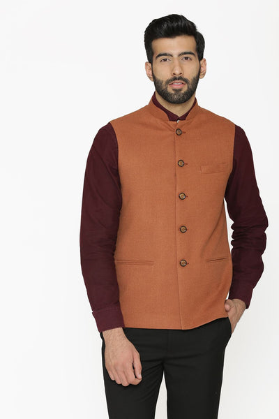Tweed Wool Orange Nehru Jacket
