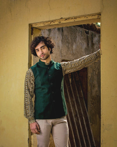 Tweed Wool Green Modi Nehru Jacket