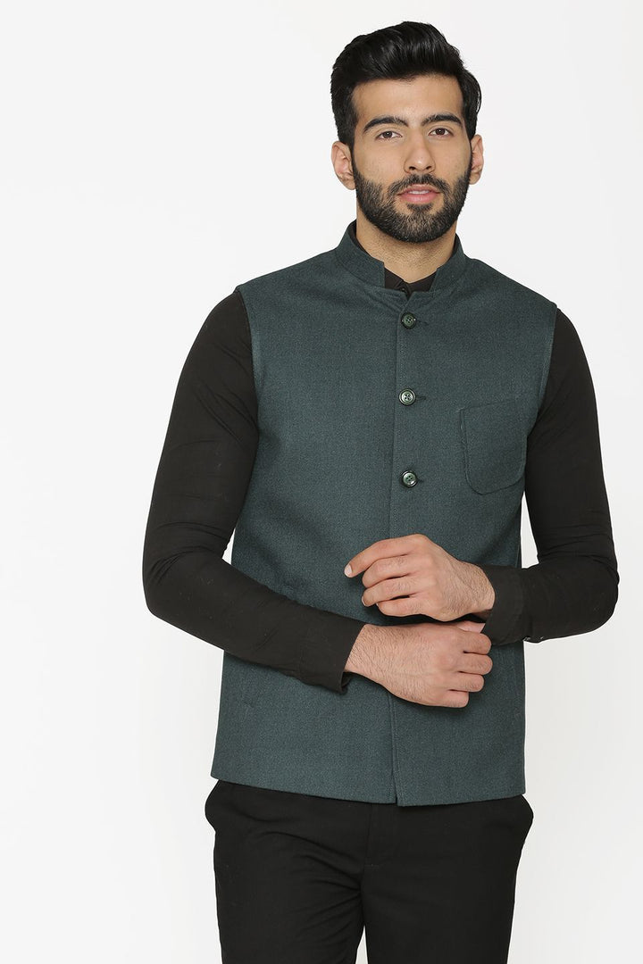 Tweed Wool Green Nehru Jacket