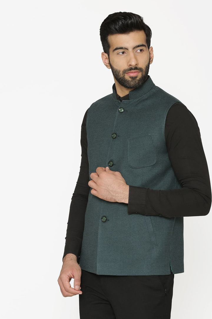 Tweed Wool Green Nehru Jacket