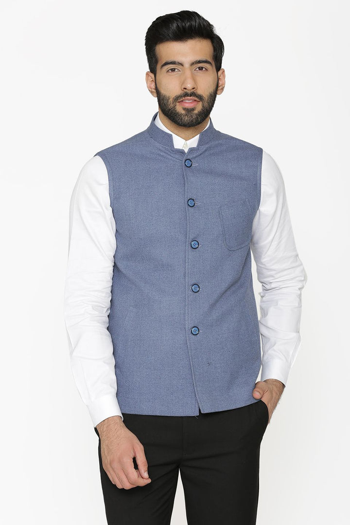 Tweed Wool Blue Nehru Jacket