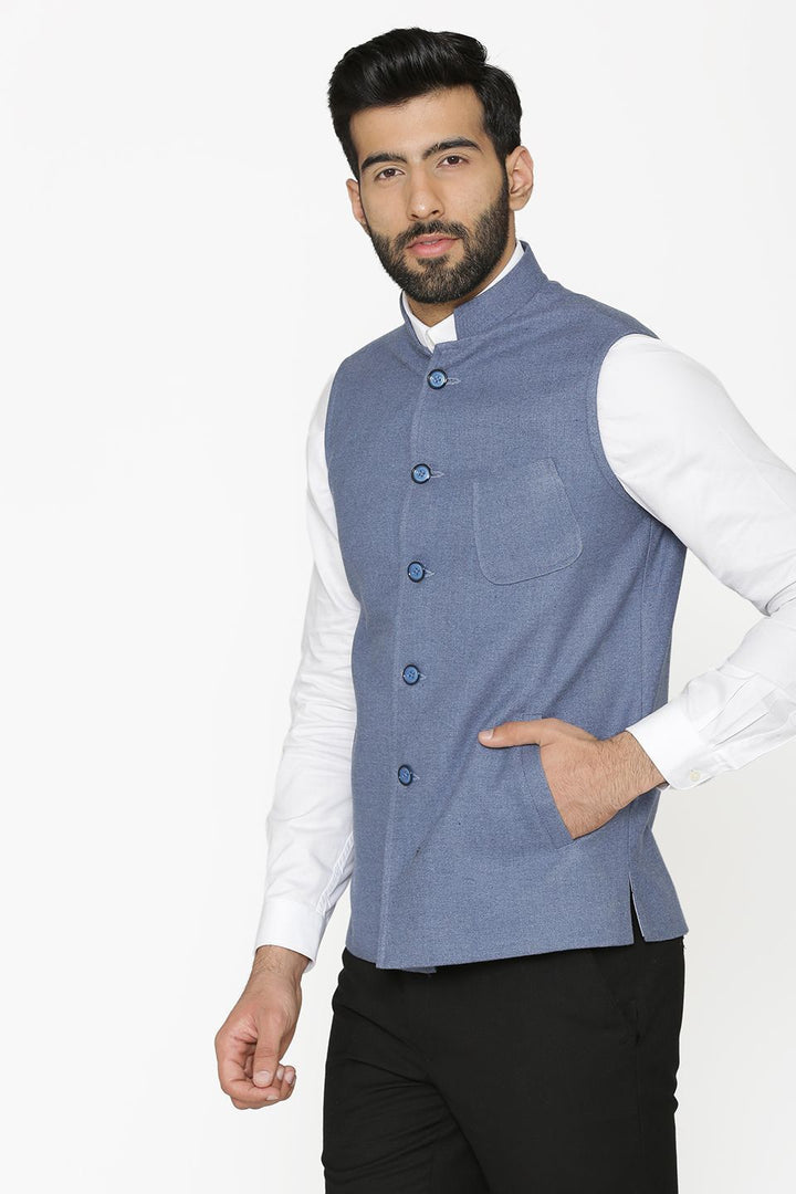 Tweed Wool Blue Nehru Jacket