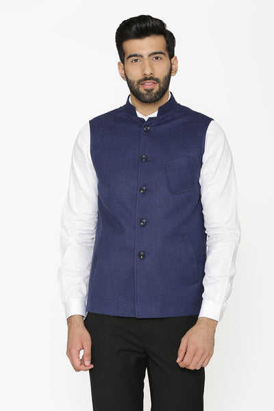 Tweed Wool Blue Nehru Jacket