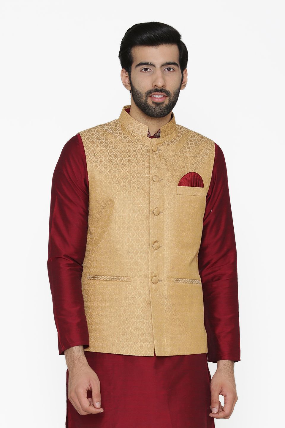 Banarasi Art Silk Cotton Blend Gold Nehru Jacket