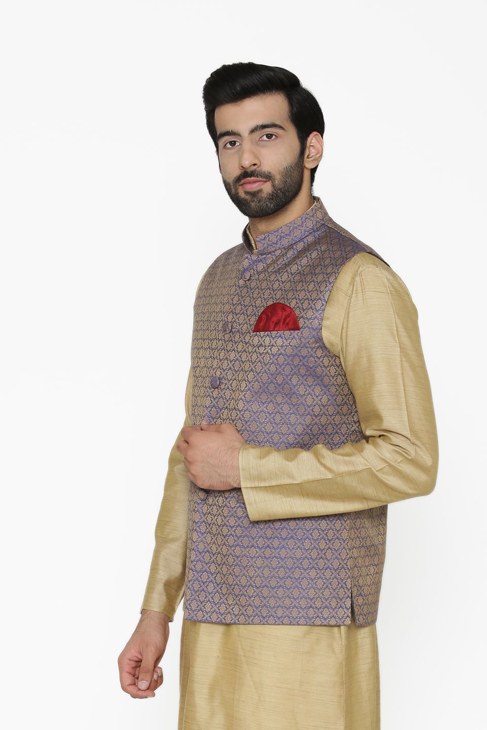 Banarasi Art Silk Cotton Blend Purple Nehru Jacket