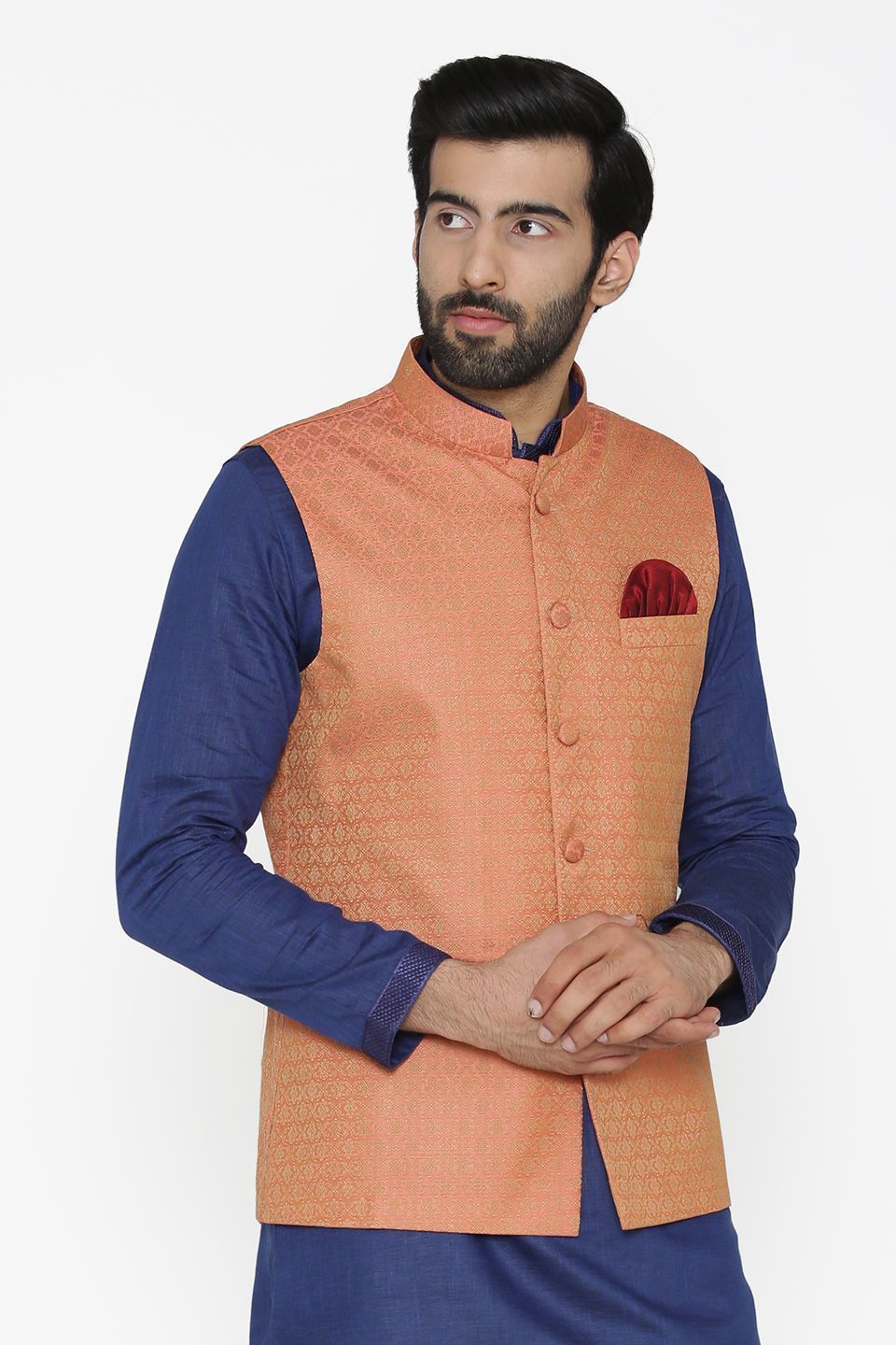 Banarasi Art Silk Cotton Blend Orange Nehru Jacket