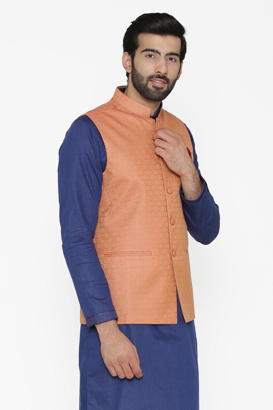 Banarasi Art Silk Cotton Blend Orange Nehru Jacket