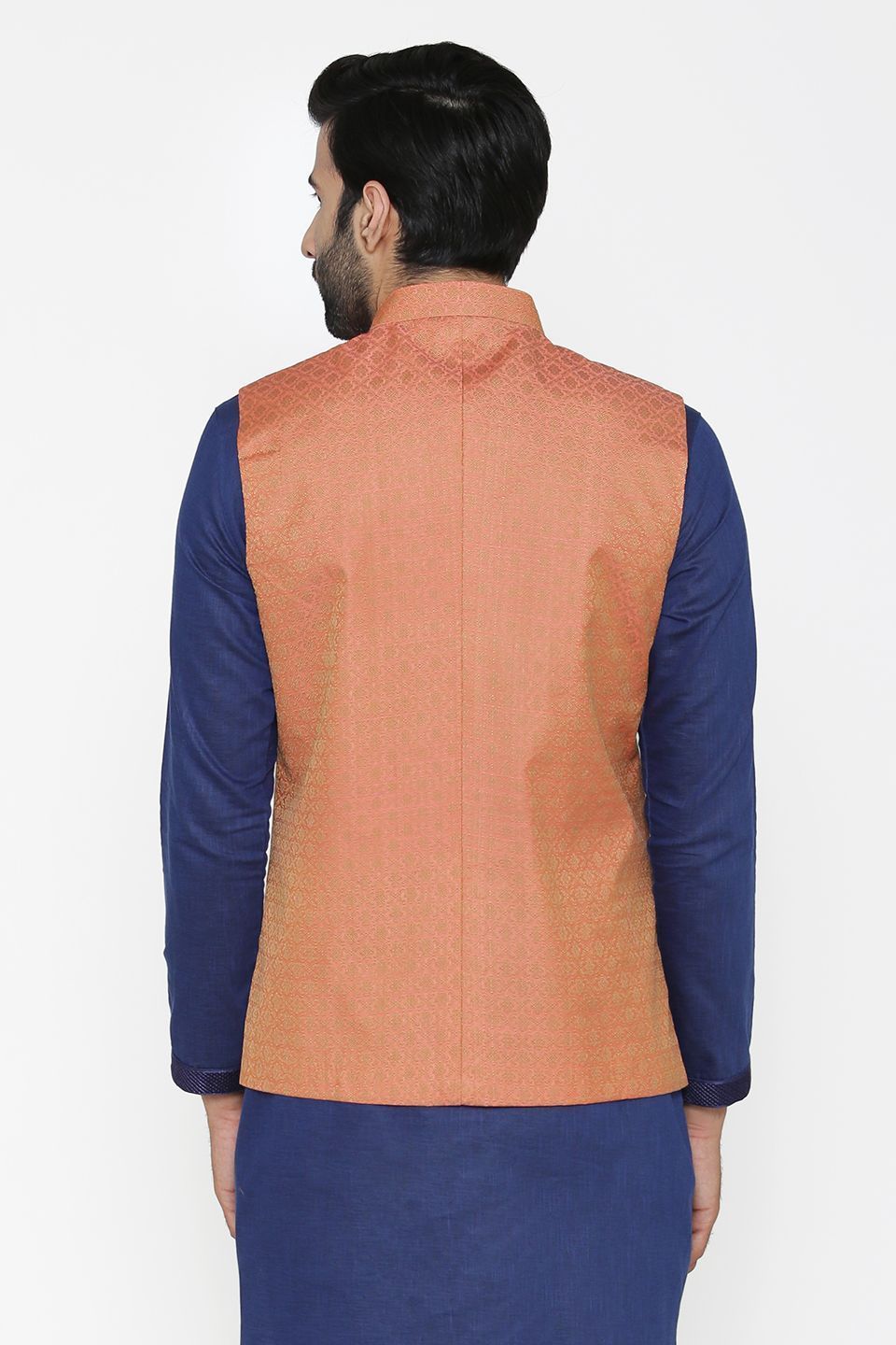 Banarasi Art Silk Cotton Blend Orange Nehru Jacket