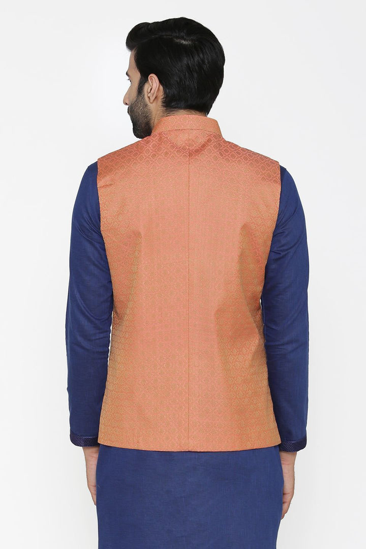 Banarasi Art Silk Cotton Blend Orange Nehru Jacket