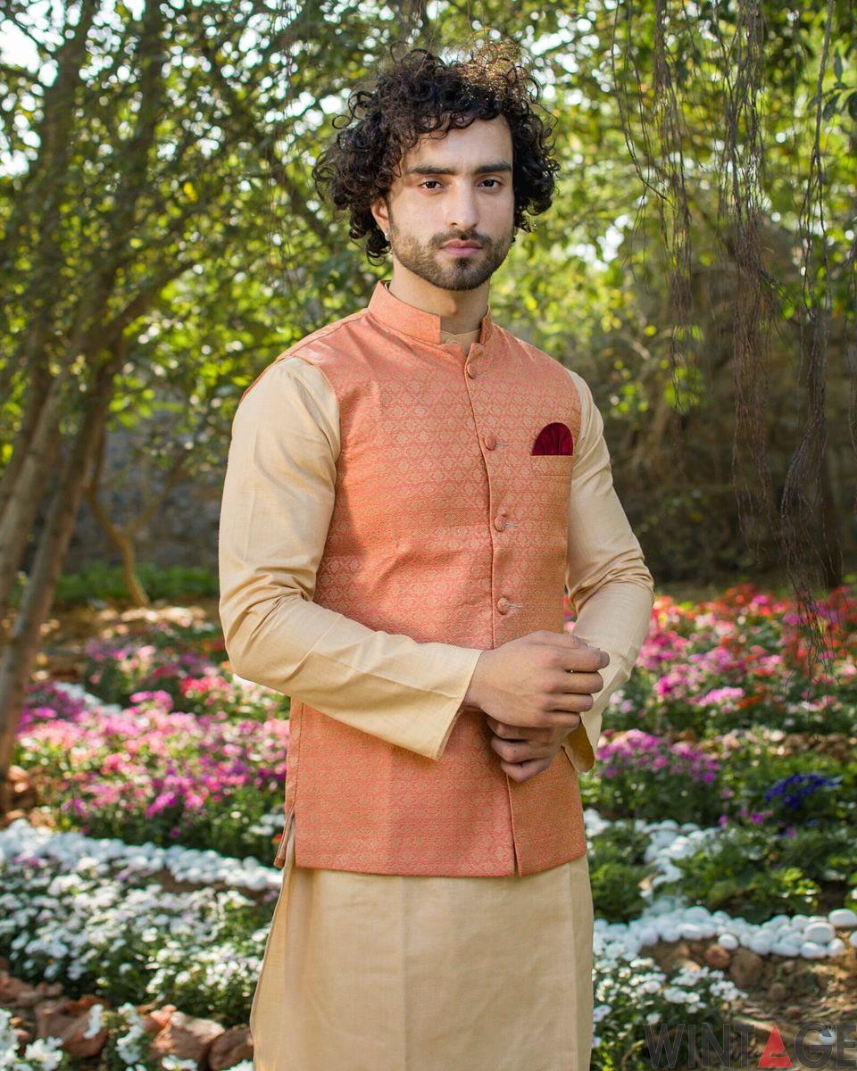 Banarasi Art Silk Cotton Blend Orange Modi Nehru Jacket