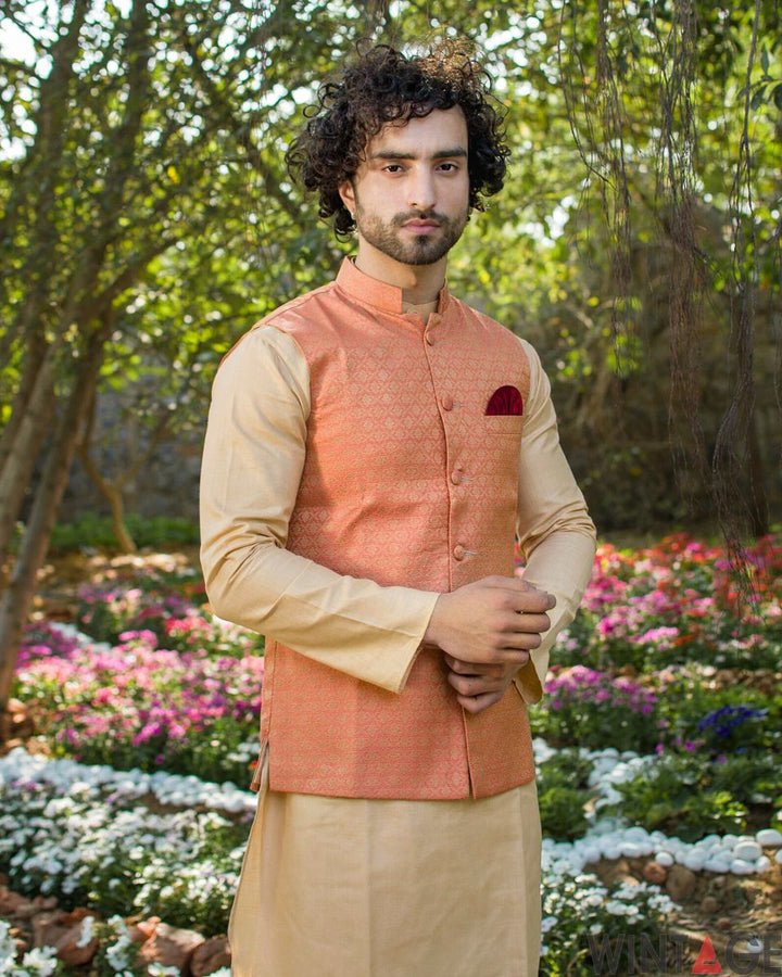 Banarasi Art Silk Cotton Blend Orange Modi Nehru Jacket