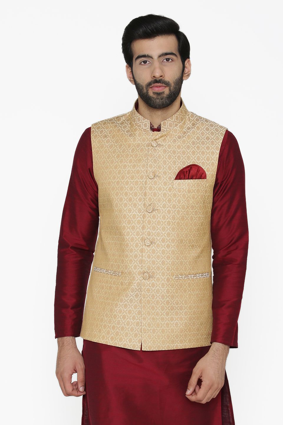 Banarasi Art Silk Cotton Blend Gold Nehru Jacket