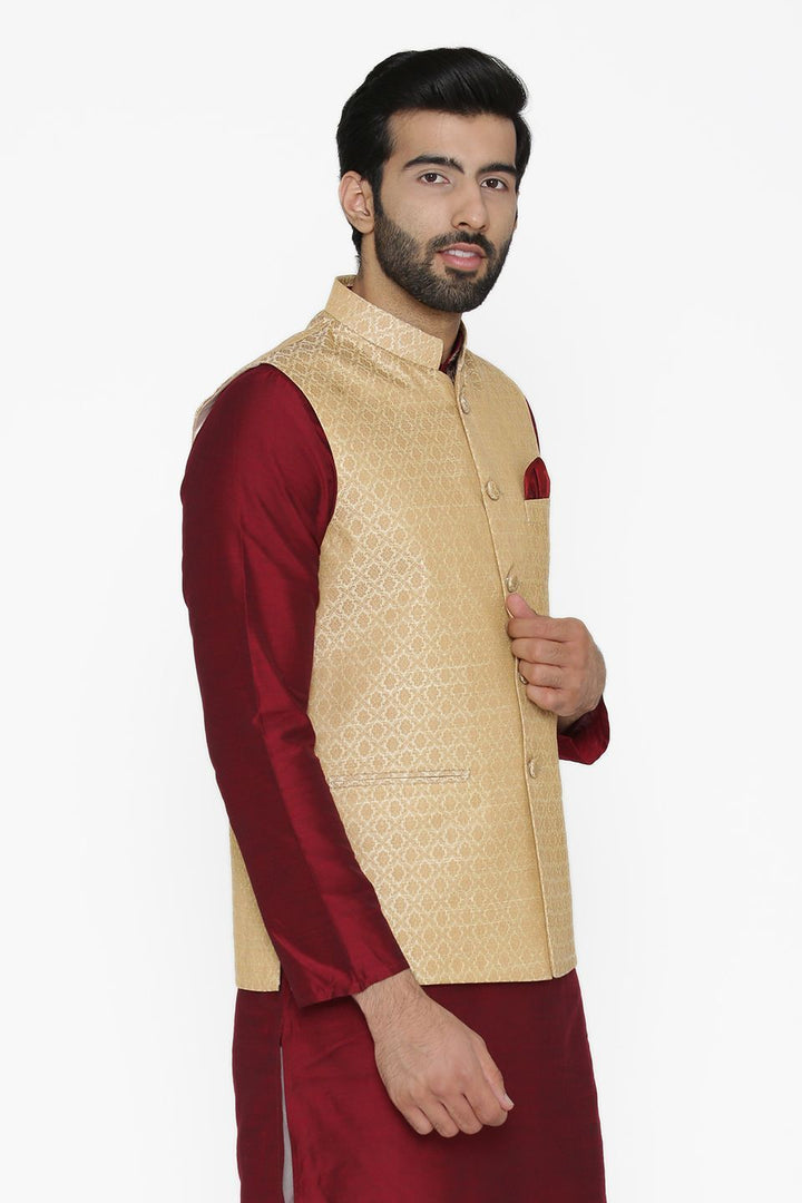 Banarasi Art Silk Cotton Blend Gold Nehru Jacket