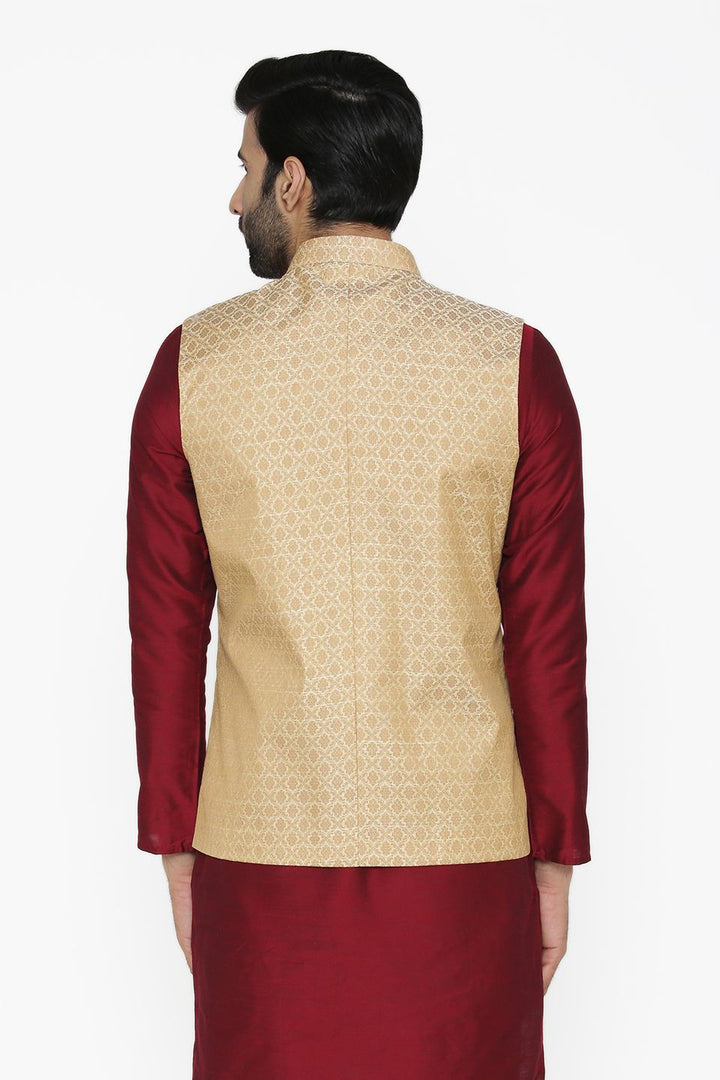 Banarasi Art Silk Cotton Blend Gold Nehru Jacket