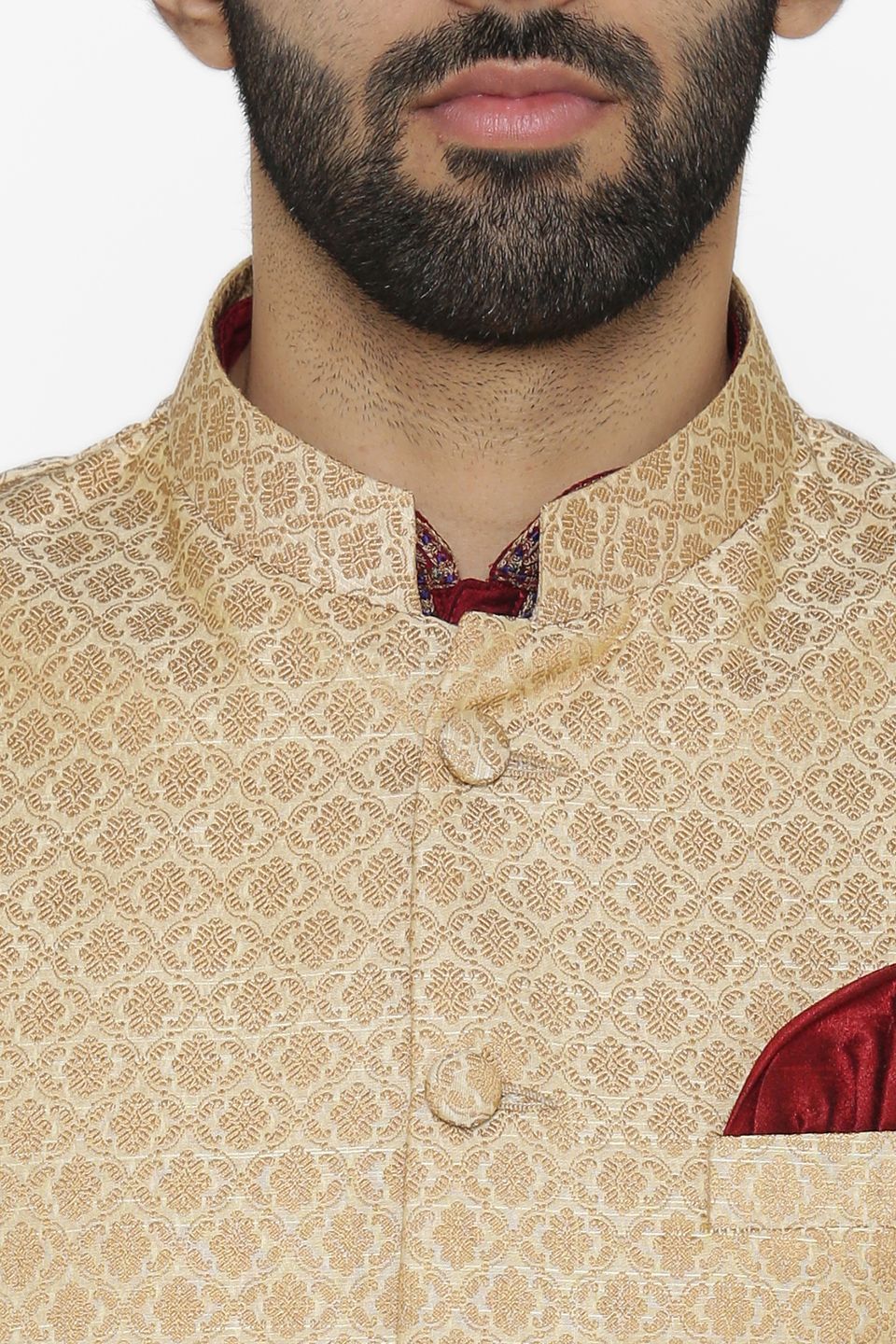 Banarasi Art Silk Cotton Blend Gold Nehru Jacket