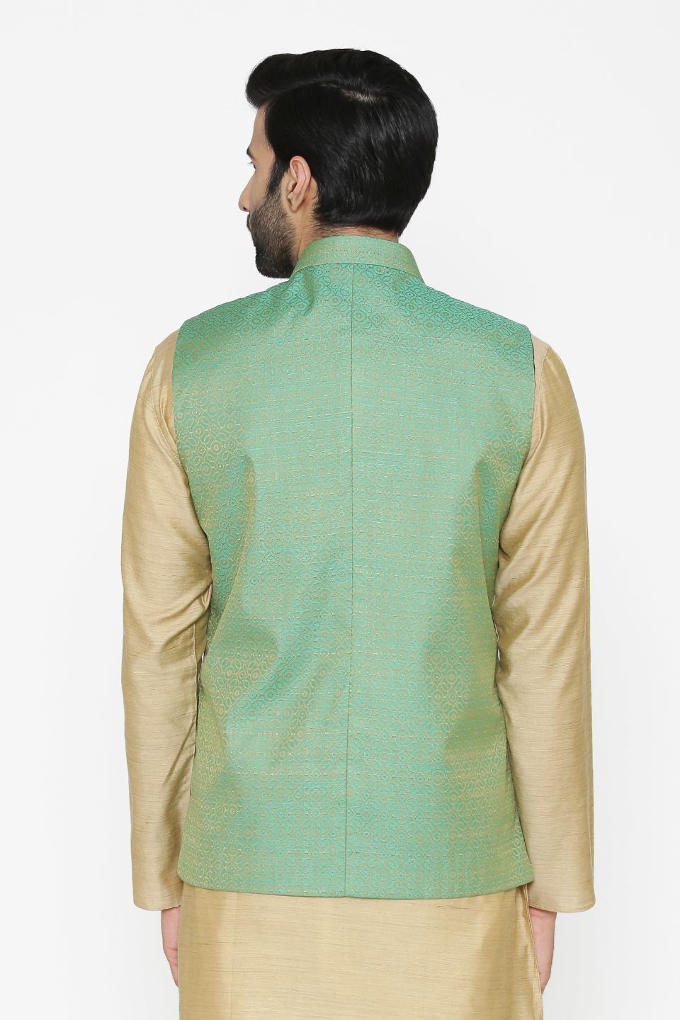 Banarasi Art Silk Cotton Blend Green Nehru Jacket